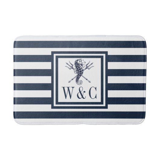 Navy Blue Strip Monogram Nautical Seepferd Bath m Badematte (Vorderseite)