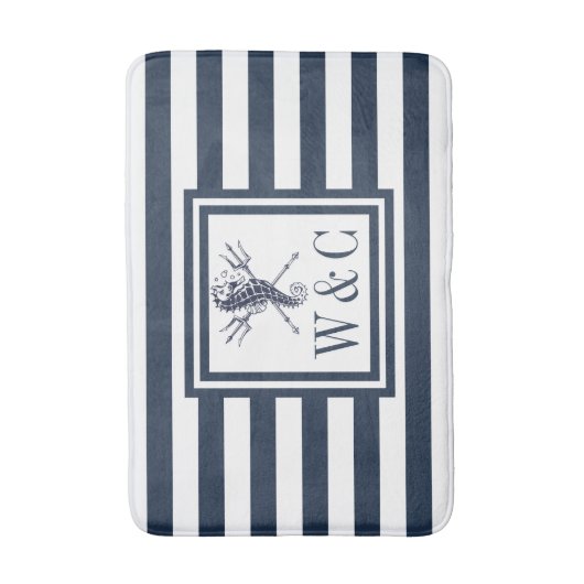 Navy Blue Strip Monogram Nautical Seepferd Bath m Badematte (Vorderseite Vertikal)