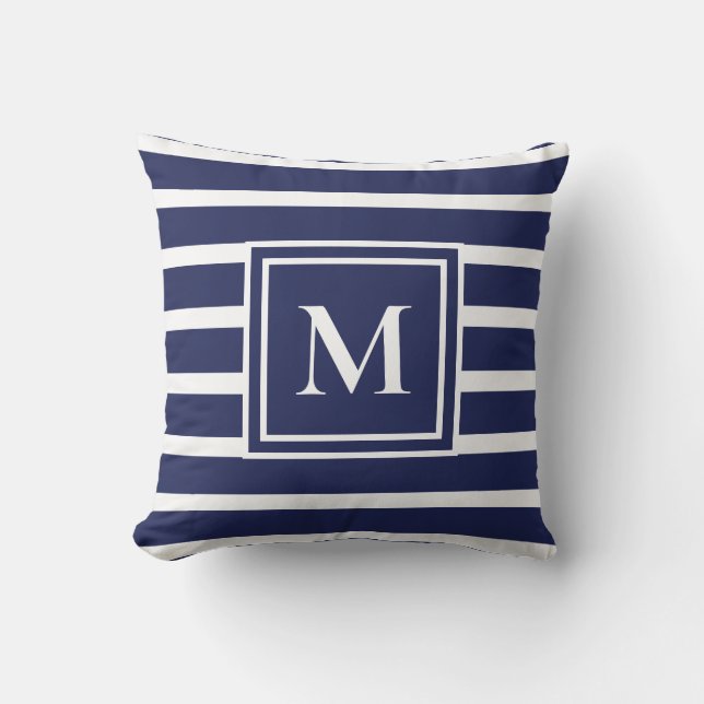 Navy Blue Stripe Moderne Monogram Coastal Nautic Kissen (Vorderseite)