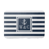 Navy Blue Stripe Monogram Initials Nautical Anchor Badematte (Vorderseite)