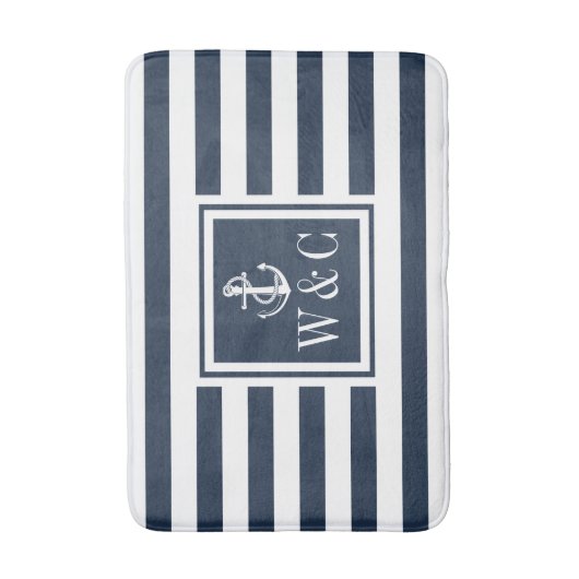 Navy Blue Stripe Monogram Initials Nautical Anchor Badematte (Vorderseite Vertikal)