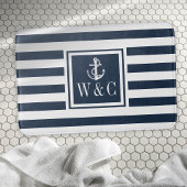 Navy Blue Stripe Monogram Initials Nautical Anchor Badematte