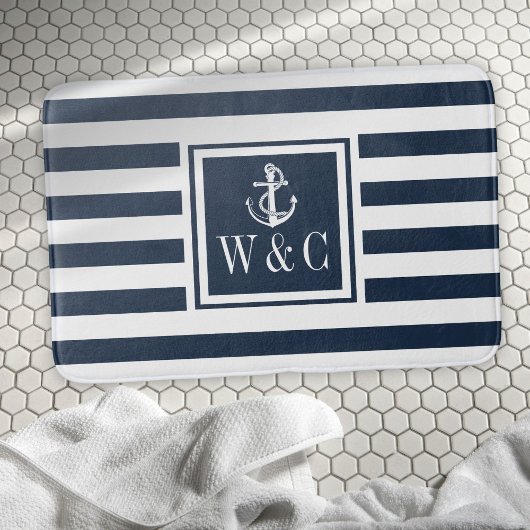 Navy Blue Stripe Monogram Initials Nautical Anchor Badematte