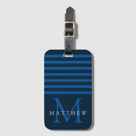 Navy Blue Stripe Monogram Masculine Gepäckanhänger (Vorderseite Vertikal)