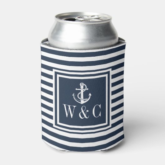 Navy Blue Stripe Nautical Anchor Monogram Dosenkühler (Kanne Vorderseite)
