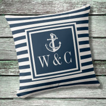 Navy Blue Stripe Nautical Anchor Monogram