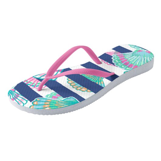 Navy Blue Stripe Seashell Badesandalen (Schrägansicht)