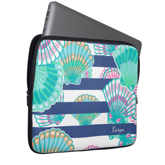 Navy Blue Stripe Seashell Laptopschutzhülle (Vorne Rechts)