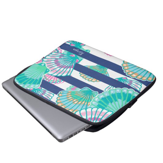 Navy Blue Stripe Seashell Laptopschutzhülle (Vorne Knopf)