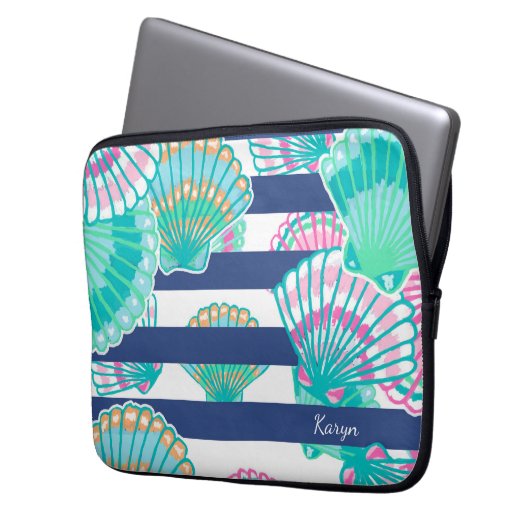 Navy Blue Stripe Seashell Laptopschutzhülle (Vorderseite Links)