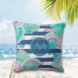 Navy Blue Stripe Seashell Monogram Kissen