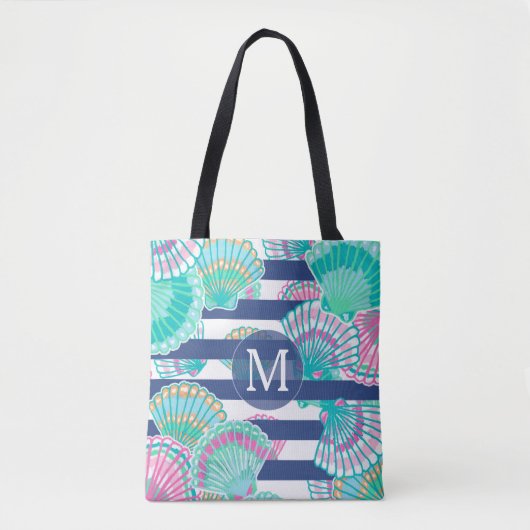 Navy Blue Stripe Seashell Monogram Tasche (Vorderseite)