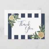 Navy Blue Stripe Wassercolor Lemon Citrus Dankeskarte (Vorne/Hinten)