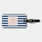 Navy Blue Striped Monogram Personalisiert Gepäckanhänger (Vorderseite horizontal)