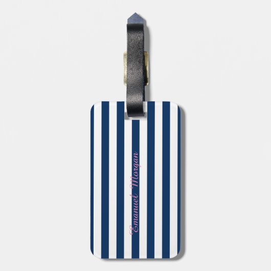 Navy Blue Striped Monogram Personalisiert Gepäckanhänger (Rückseite vertikal)