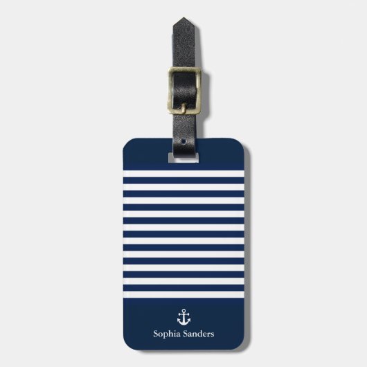 Navy Blue Striped Nautical Pattern Gepäckanhänger (Vorderseite vertikal)