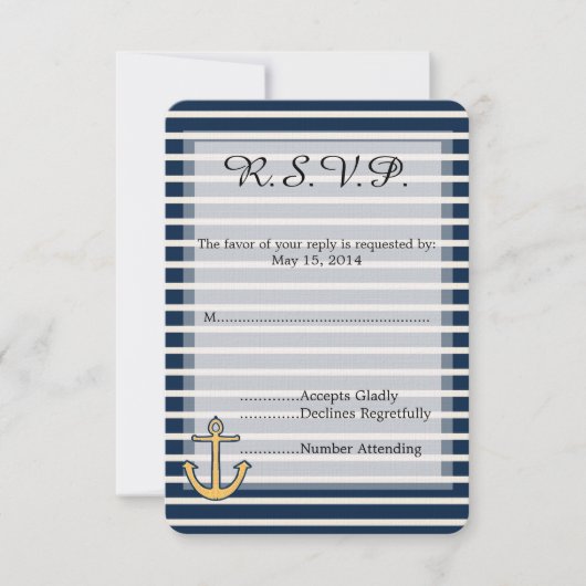 Navy Blue Stripes Anchor Wedding RSVP Karte (Vorderseite)