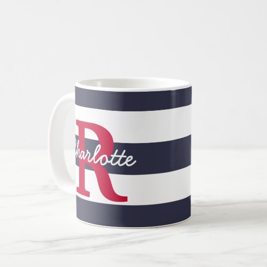 Navy Blue Stripes Crimson Monogram Kaffeetasse (Vorderseite Links)