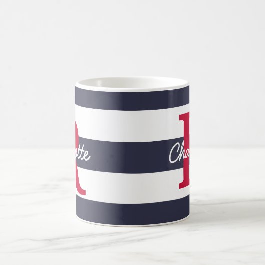 Navy Blue Stripes Crimson Monogram Kaffeetasse (Mittel)