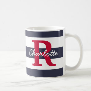 Navy Blue Stripes Crimson Monogram Kaffeetasse