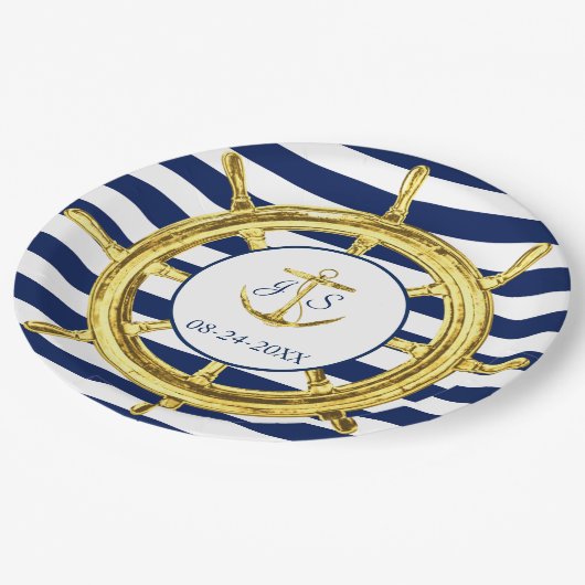 Navy Blue Stripes Gold Nautical Wedding Pappteller (Schrägansicht)
