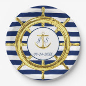 Navy Blue Stripes Gold Nautical Wedding Pappteller (Vorderseite)