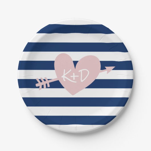 Navy Blue Stripes Heart & Arrow Nautical Wedding Pappteller (Vorderseite)