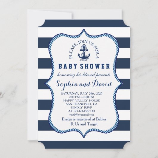 Navy Blue Stripes Nautical Theme BABY SHOWER Einladung (Vorderseite)