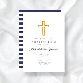 Navy Blue Stripes Religious Boy Christening Einladung