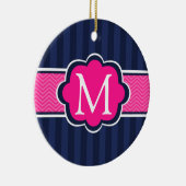 Navy Blue Strips Hot Pink Custom Monogram Keramikornament (Rechts)