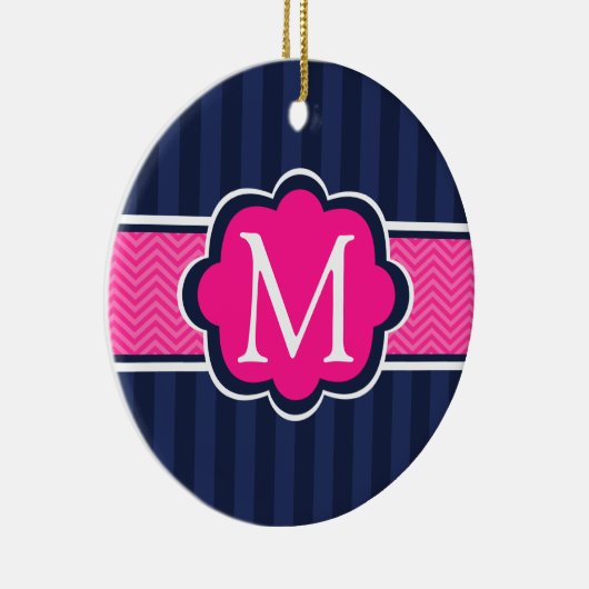 Navy Blue Strips Hot Pink Custom Monogram Keramikornament (Rechts)