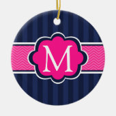 Navy Blue Strips Hot Pink Custom Monogram Keramikornament (Vorne)