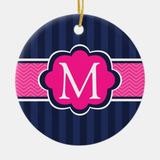 Navy Blue Strips Hot Pink Custom Monogram Keramikornament (Vorne)
