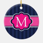 Navy Blue Strips Hot Pink Custom Monogram Keramikornament (Hinten)