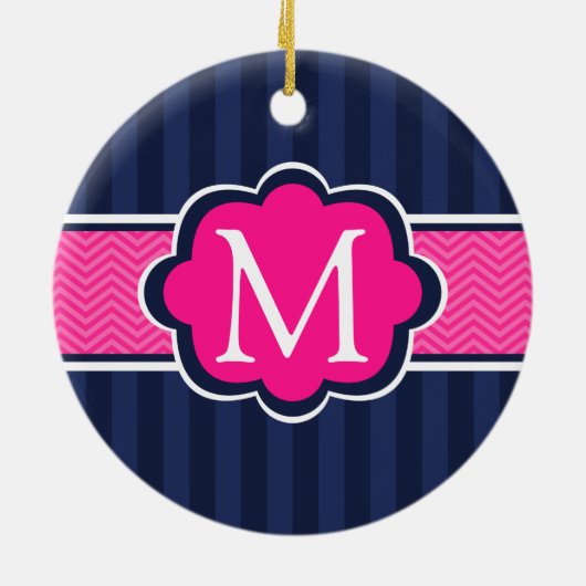 Navy Blue Strips Hot Pink Custom Monogram Keramikornament (Hinten)