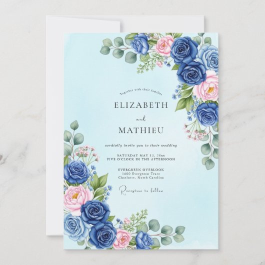 Navy Blue Sublime Botanical Spring Wedding Einladung (Vorderseite)