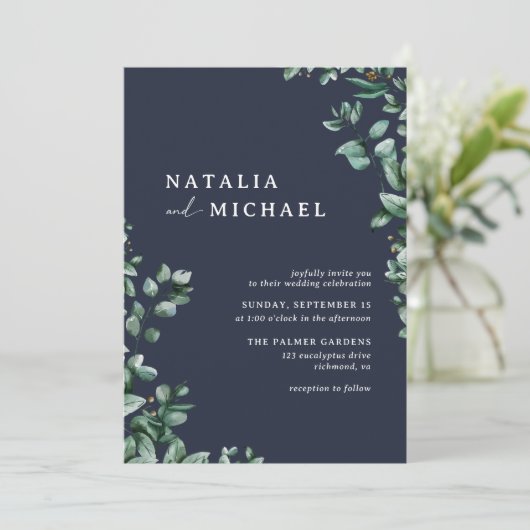 Navy Blue Subtle Greenery | Moderne Hochzeit Einladung (Stehend Vorderseite)