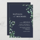 Navy Blue Subtle Greenery | Moderne Hochzeit Einladung (Vorne/Hinten)