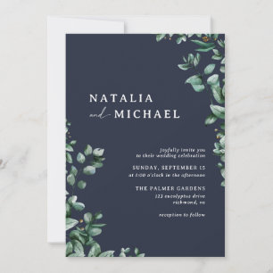 Navy Blue Subtle Greenery Moderne Hochzeit Einladung