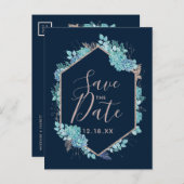 Navy Blue Succules & Rose Gold Save the Date Ankündigungspostkarte (Vorne/Hinten)