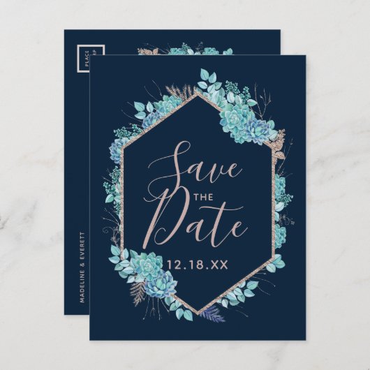 Navy Blue Succules & Rose Gold Save the Date Ankündigungspostkarte (Vorne/Hinten)