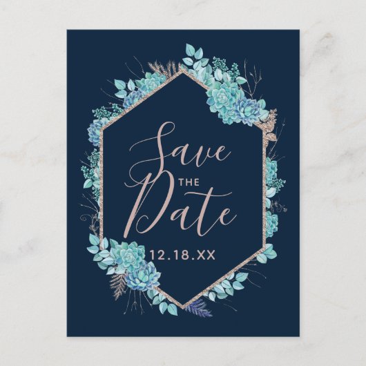 Navy Blue Succules & Rose Gold Save the Date Ankündigungspostkarte (Vorderseite)
