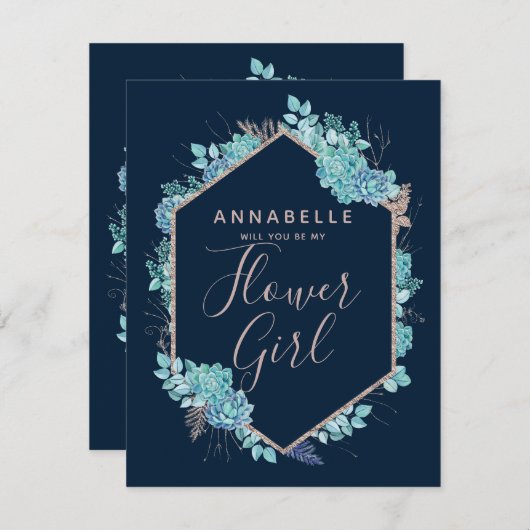 Navy Blue Succules werden Sie mein Blumenmädchen s Einladung (Vorne/Hinten)