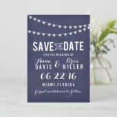 Navy Blue Summer String Light Save the Date (Stehend Vorderseite)
