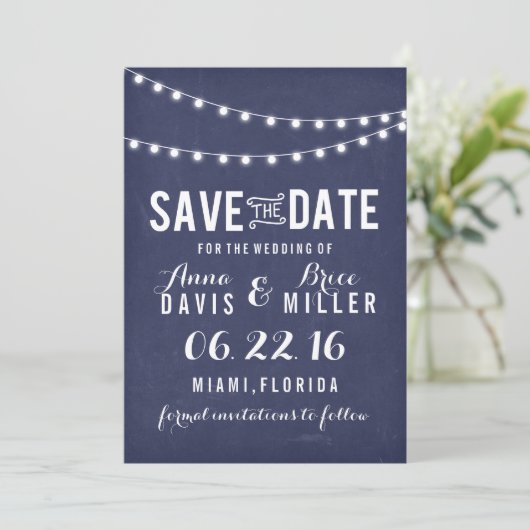 Navy Blue Summer String Light Save the Date (Stehend Vorderseite)