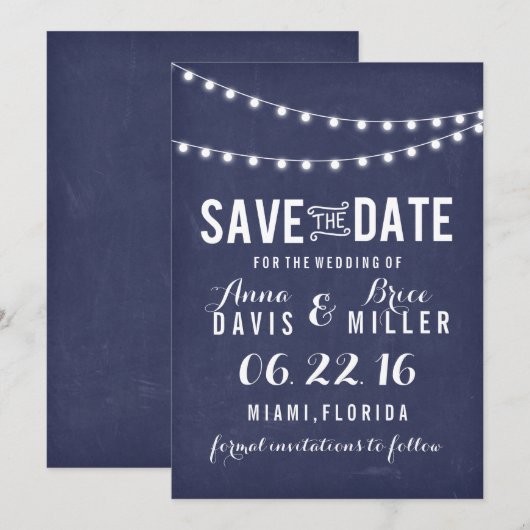 Navy Blue Summer String Light Save the Date (Vorne/Hinten)