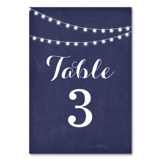 Navy Blue Summer String Light Wedding Tischnummer (Vorderseite)