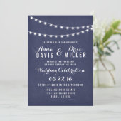 Navy Blue Summer String Light Wedites Einladung (Stehend Vorderseite)