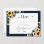Navy Blue Sunflower Botanical Script Wedding RSVP Einladungspostkarte (Vorne/Hinten)