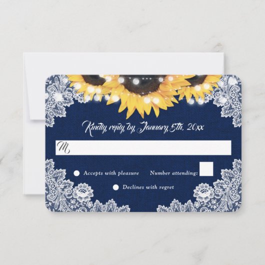 Navy Blue Sunflower Burlap Floral Lace Wedding RSVP Karte (Vorderseite)